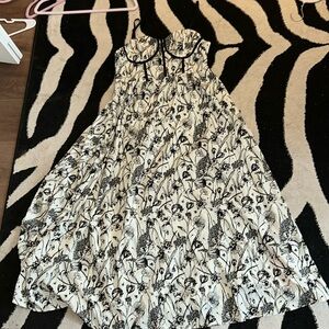 Large long corset flowy white w/ black flowers adjustable straps tanktop dress